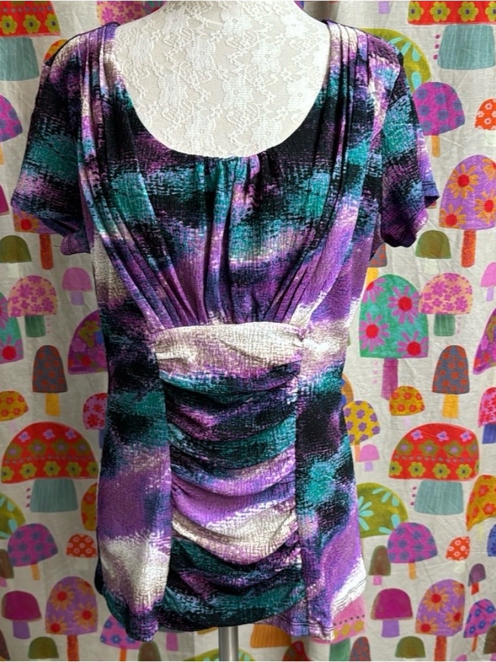 Alfani Purple Teal Abstract Ruched Top size large